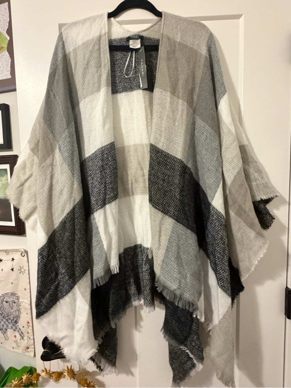 NWT Tahari Oversized Striped Open-Front Poncho in Gray, Cream, White